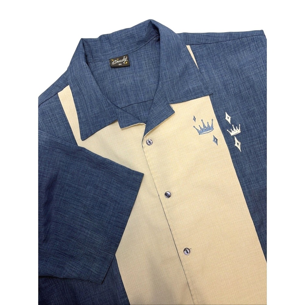 Steady Classics Rockabilly Bowling Shirt Mens 2XL Blue Embroidered Retro Crown